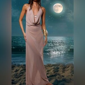 Elegant Chiffon Cowl Neck Shell Trim Backless Sheer Maxi Dress Cocktail Party